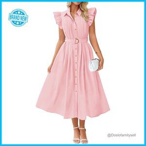 Button Down Midi Dress Flutter Sleeve Belted Casual Work Chic A-Line Pockets